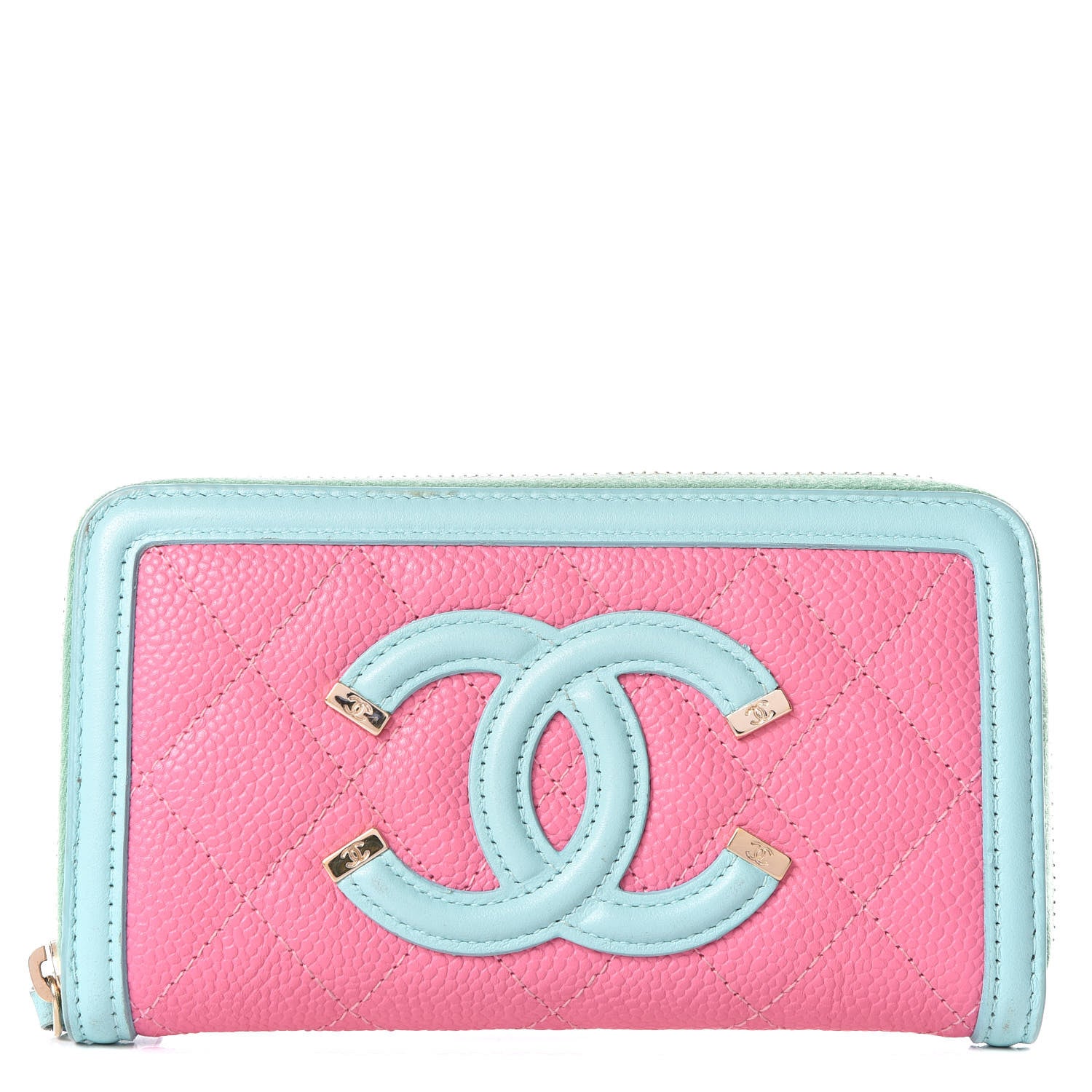 Chanel Caviar Quilted Medium Filigree Zip Around Wallet Pink Blue Green 1 of 11