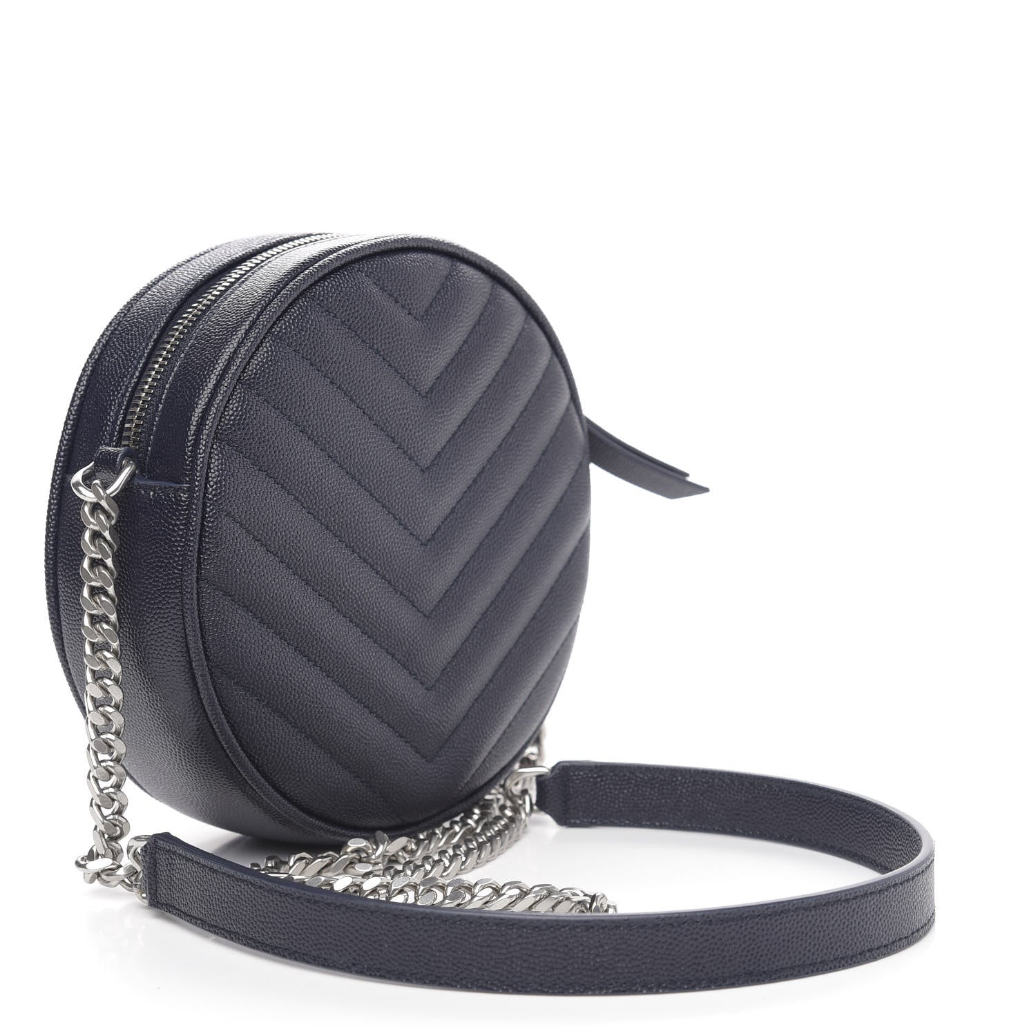 Saint Laurent Grain De Poudre Matelasse Chevron Quilted Round Vinyle Camera Bag Deep Marine 3 of 8