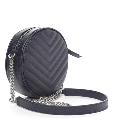 Saint Laurent Grain De Poudre Matelasse Chevron Quilted Round Vinyle Camera Bag Deep Marine 3 of 8
