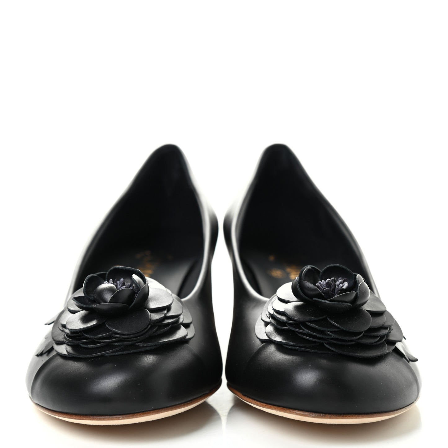 Calfskin Pearl Camellia Pumps 38.5 Black Gold
