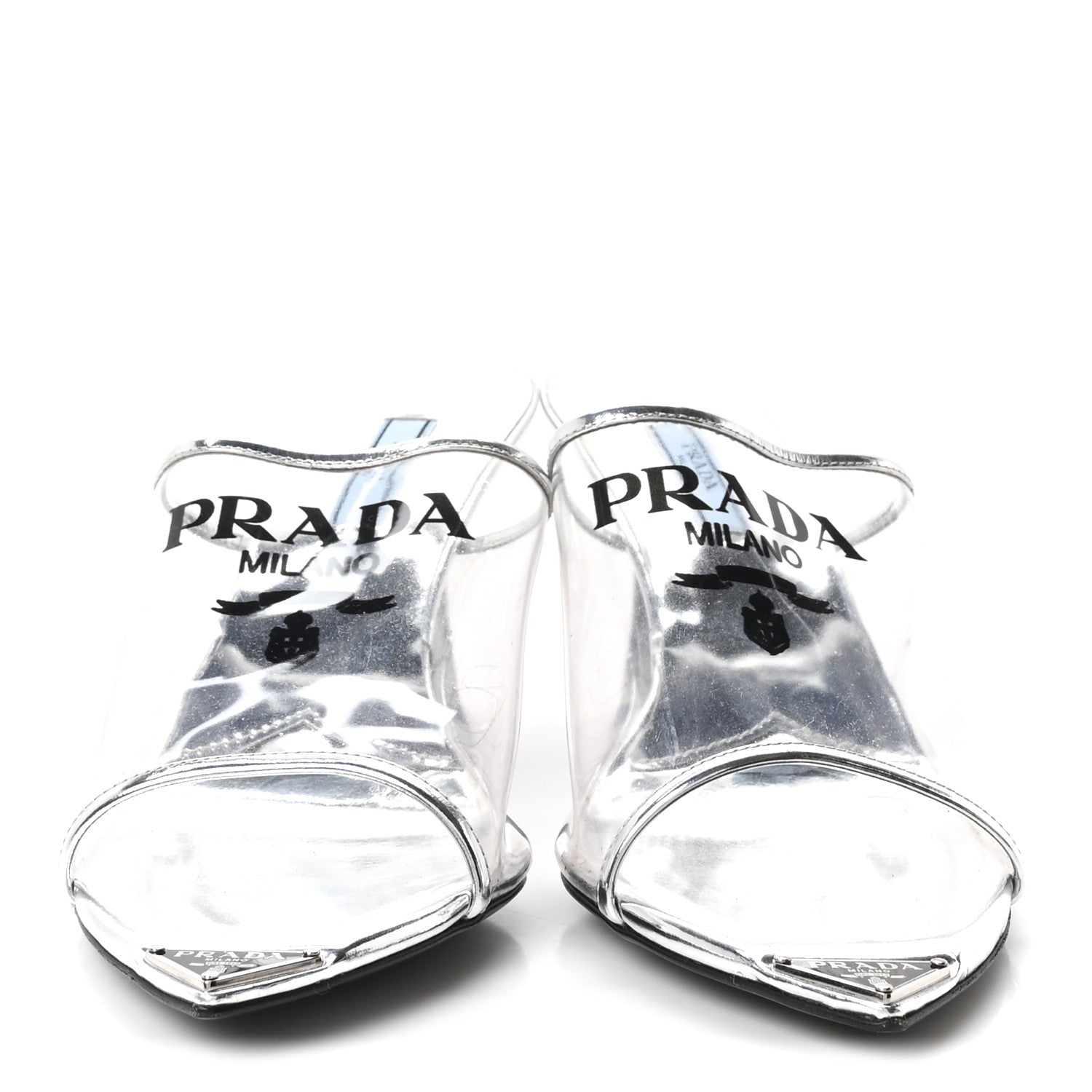 Prada Plexiglass Metallic Calfskin Metal Triangle Logo 75mm Slide Sandals 38 Argento 3 of 8