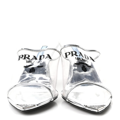 Prada Plexiglass Metallic Calfskin Metal Triangle Logo 75mm Slide Sandals 38 Argento 3 of 8