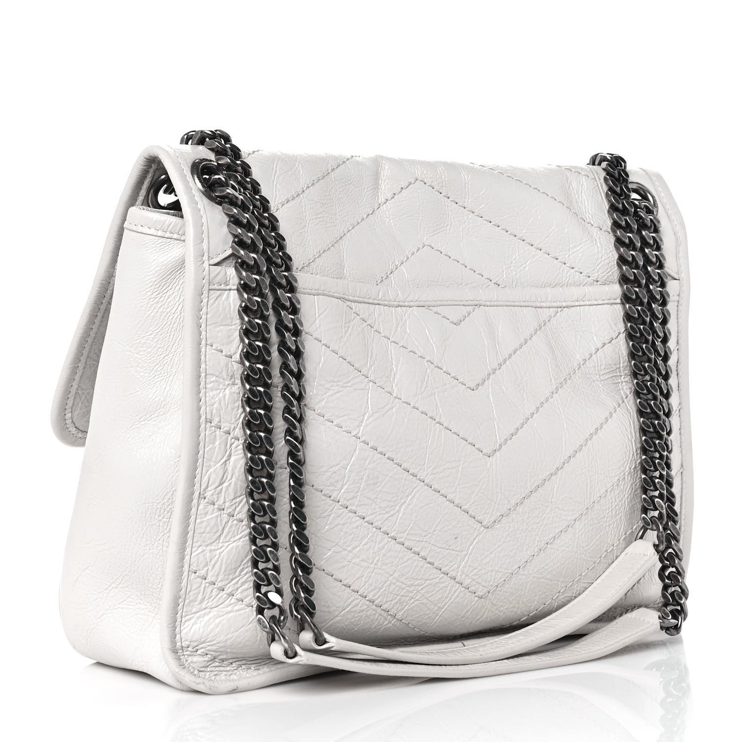 Crinkled Calfskin Matelasse Monogram Medium Niki Chain Satchel Pearl White
