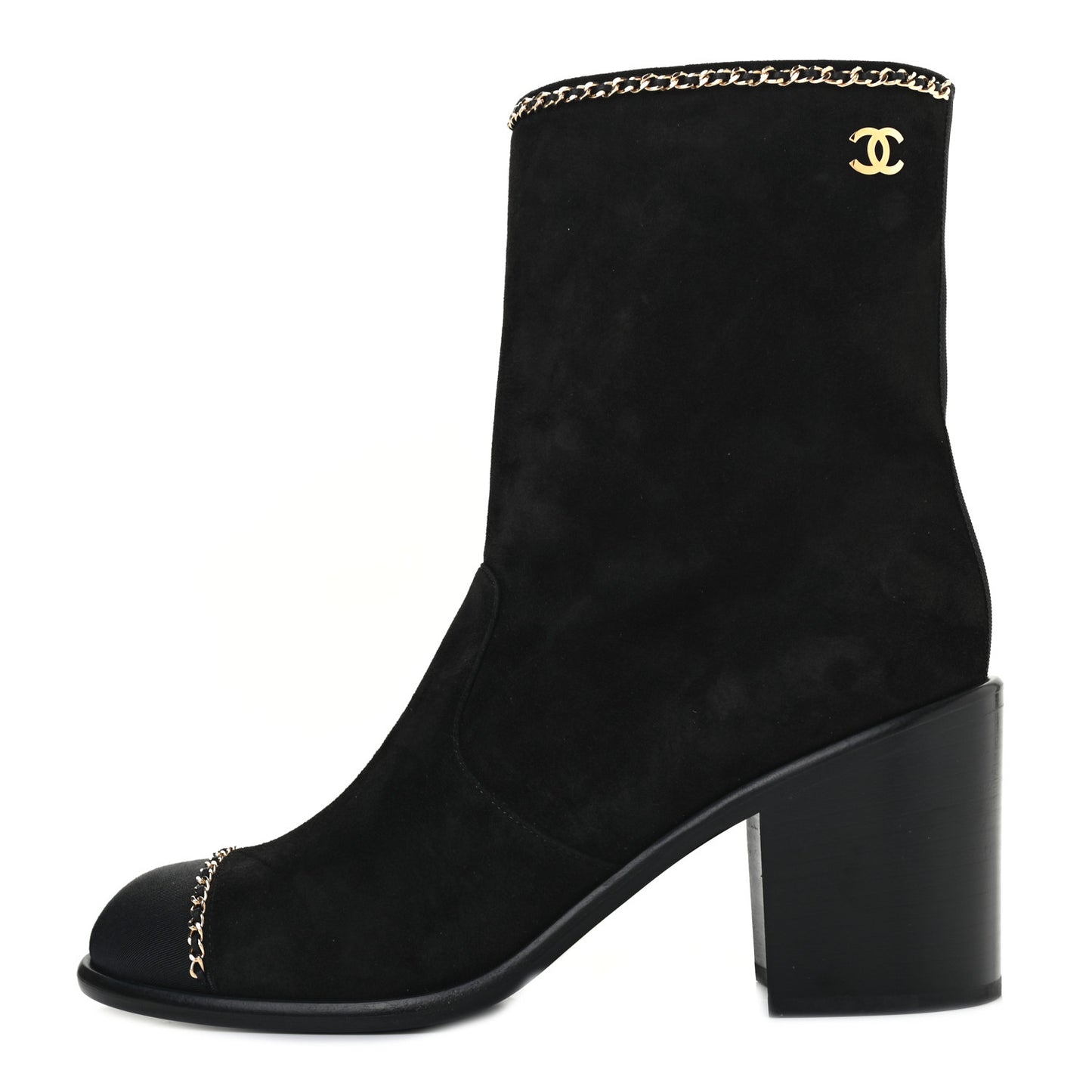 Suede Calfskin Grosgrain Cap Toe Chain Short Boots 40 Black