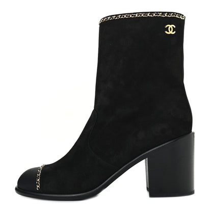 Chanel Suede Calfskin Grosgrain Cap Toe Chain Short Boots 40 Black 1 of 9