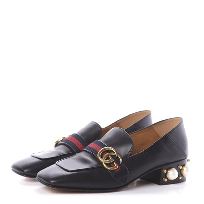 Gucci Betis Glamour Calfskin Web Pearl Embellished Peyton 35mm Loafer Pumps 38 Black 3 of 7
