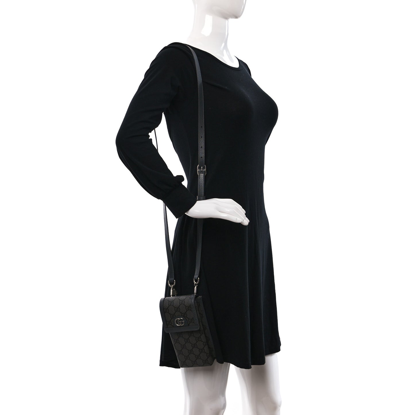 GG Supreme Monogram Textured Dollar Calfskin Phone Crossbody Bag Grey Black Graphite Grey
