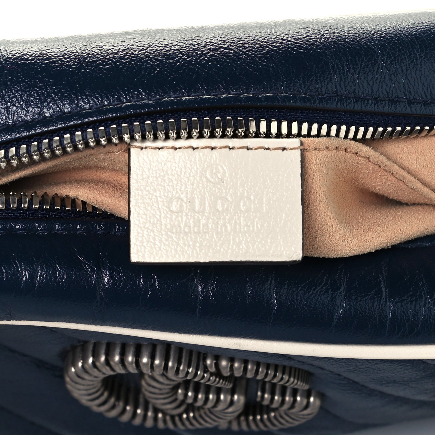 Vintage Effect Calfskin Matelasse Diagonal Small Torchon GG Marmont Chain Shoulder Bag Blue Agata Mystic White