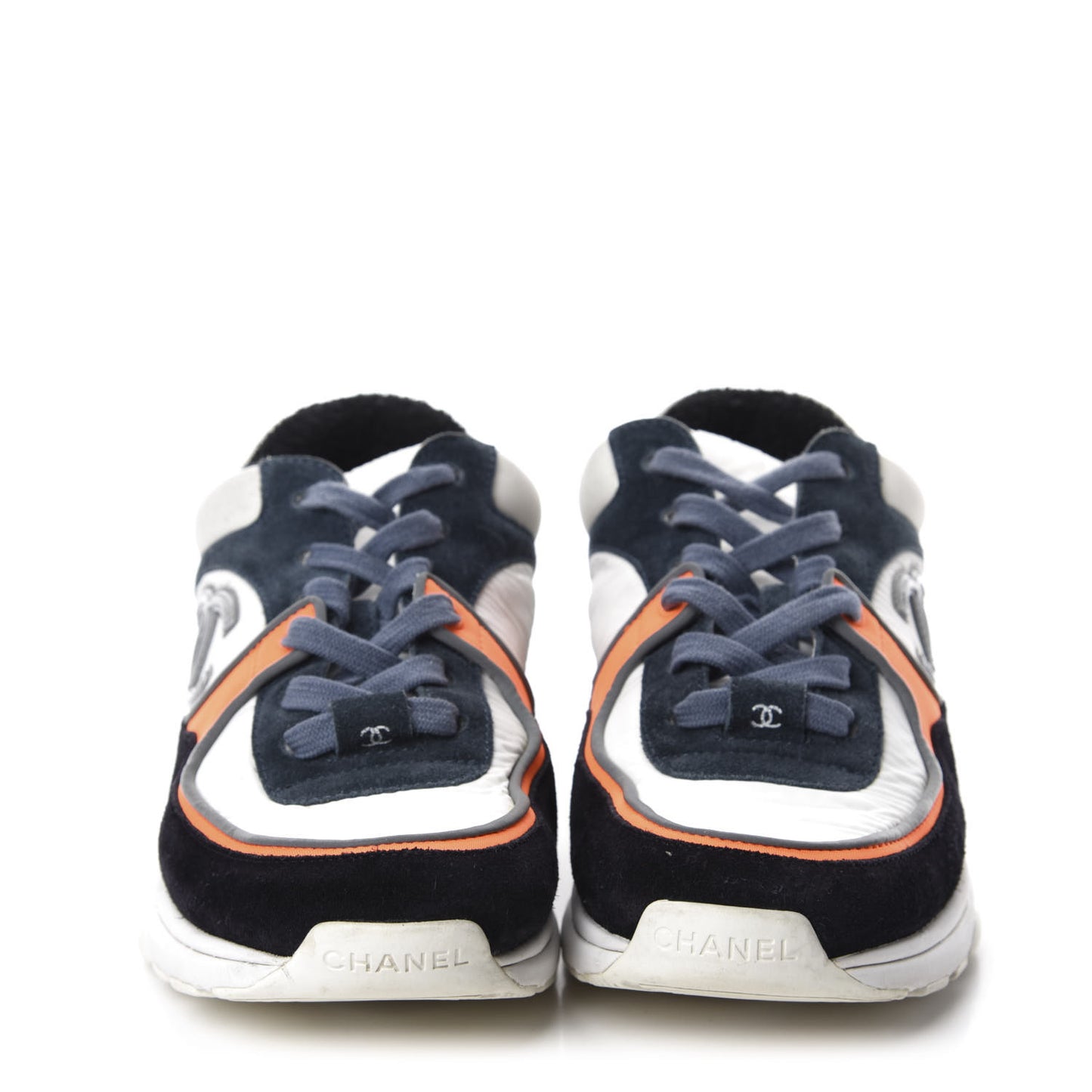 Nylon Calfskin Suede CC Womens Sneakers 36 Navy White Orange