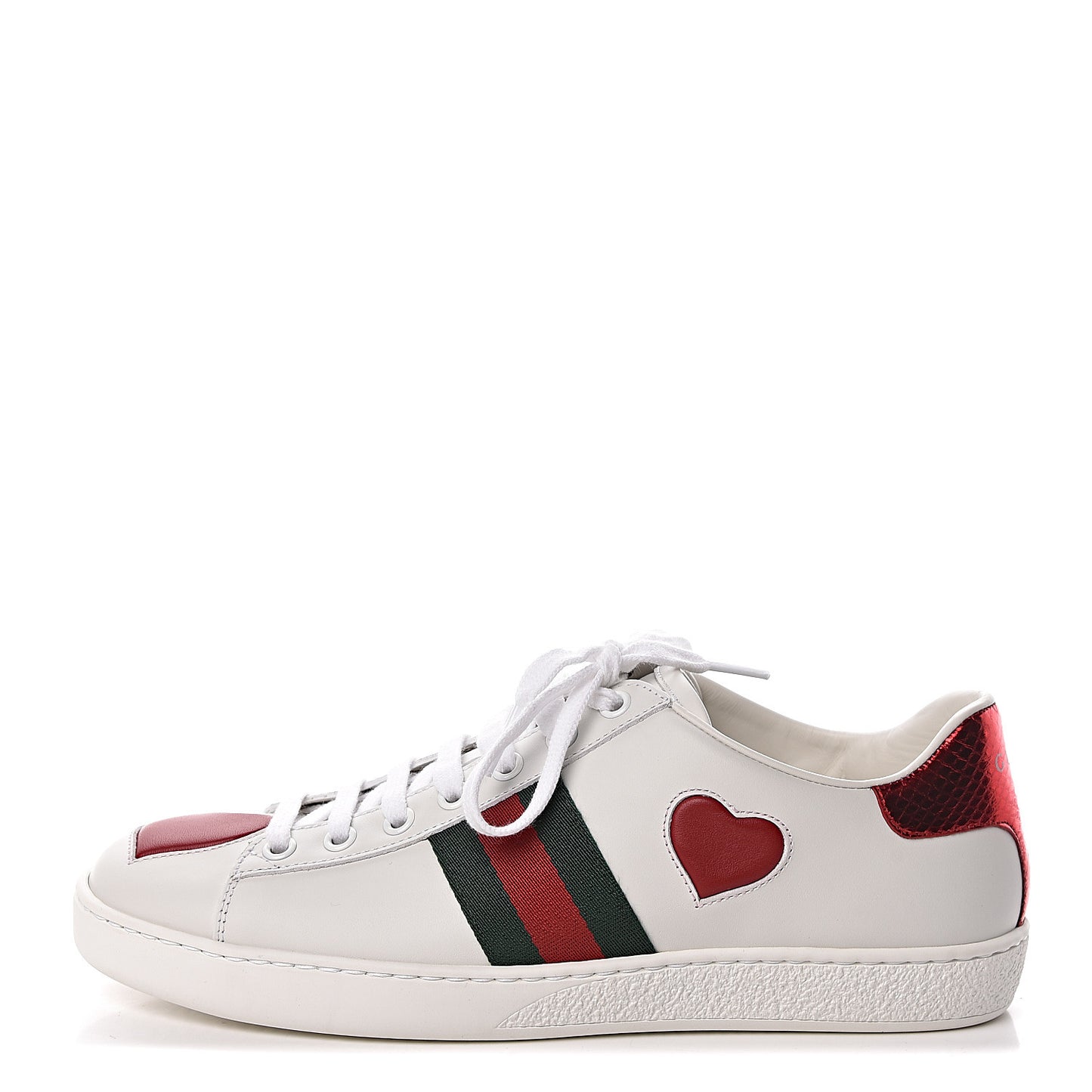 Calfskin Web Heart Embroidered Womens Ace Sneakers 38 White