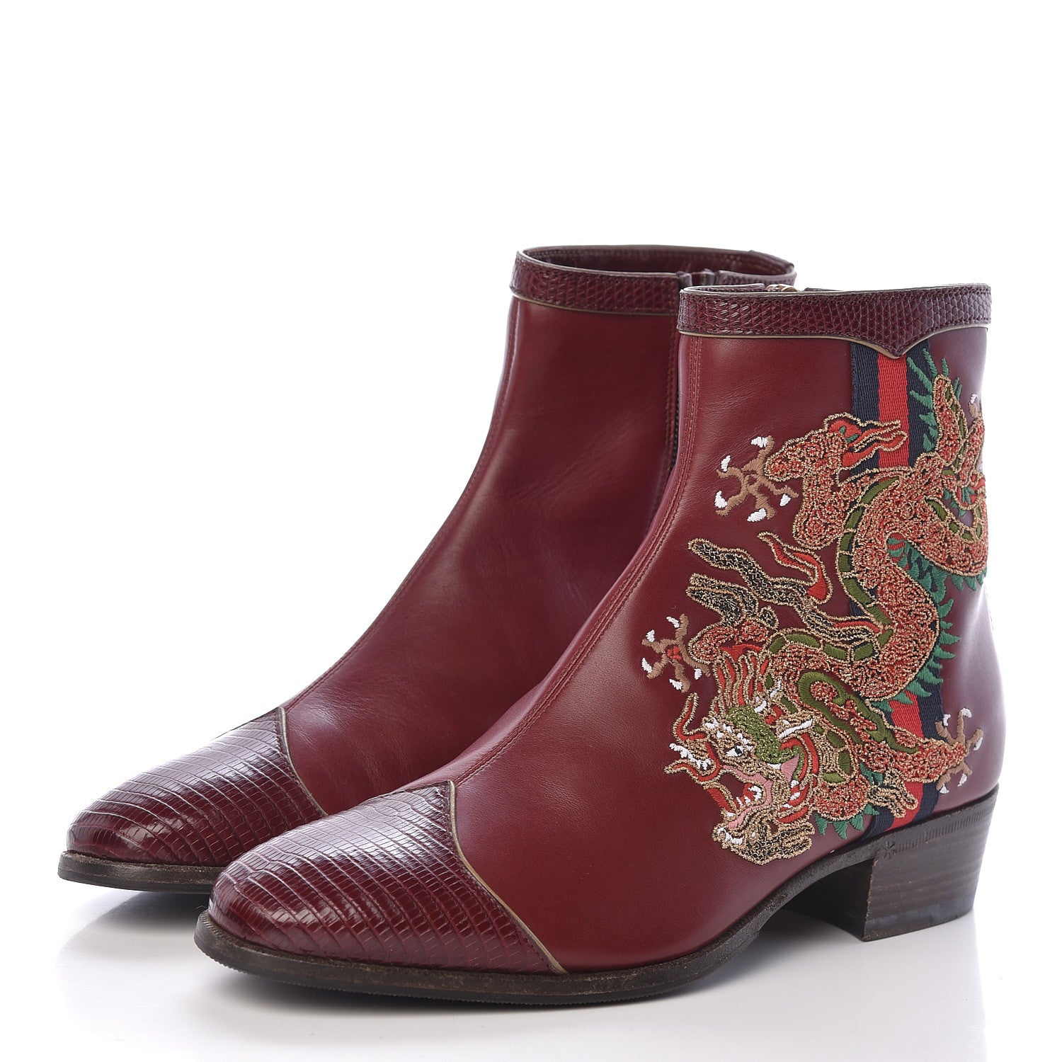 Gucci Calfskin Malaga Kid Lizard Web Dragon Embroidered Ankle Boots 35.5 Bordeaux 3 of 11