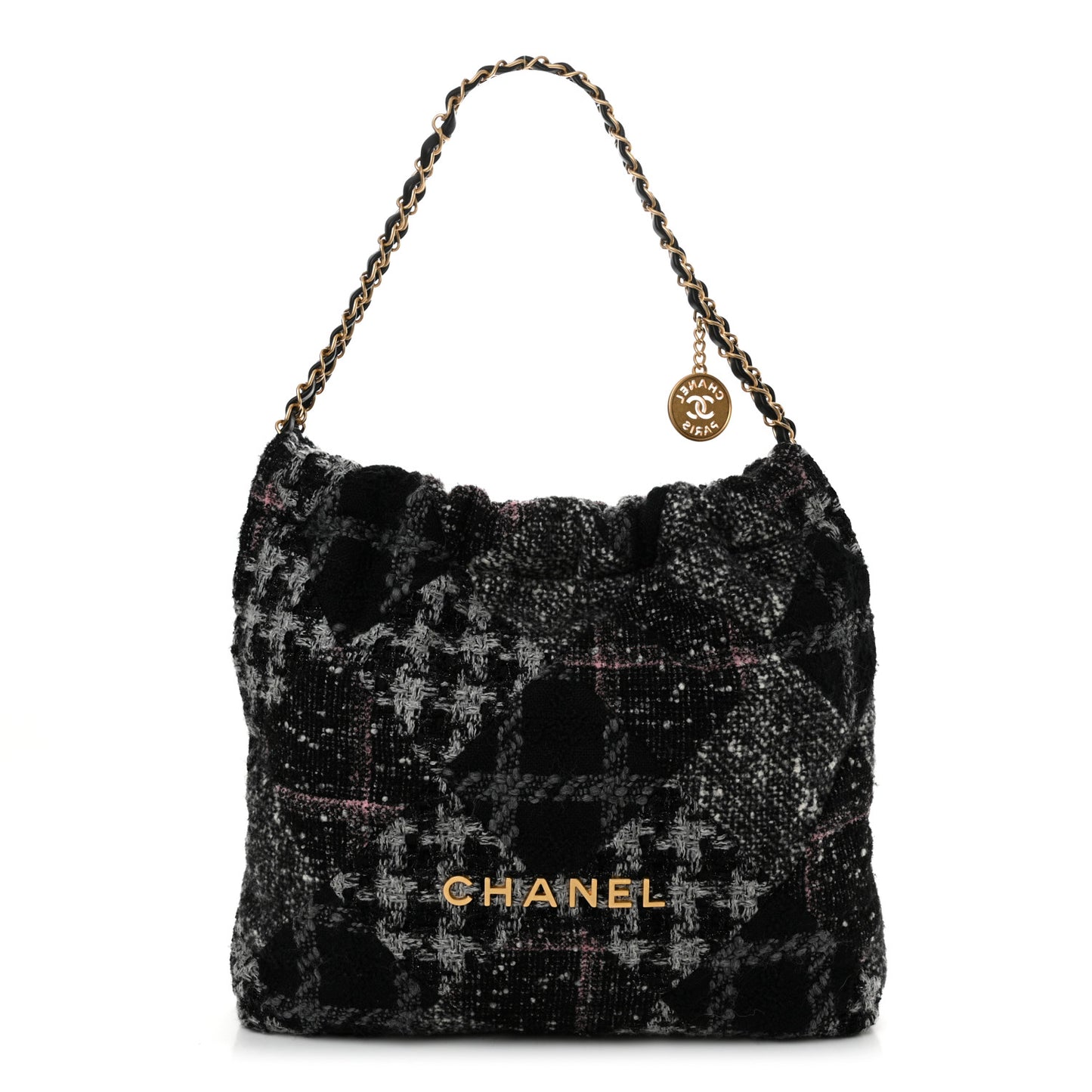 Tweed Patchwork Quilted Chanel 22 Black Grey Pink