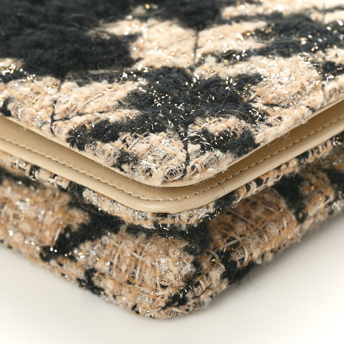 Tweed Shearling Quilted Chanel Wallet On Chain WOC Beige Black
