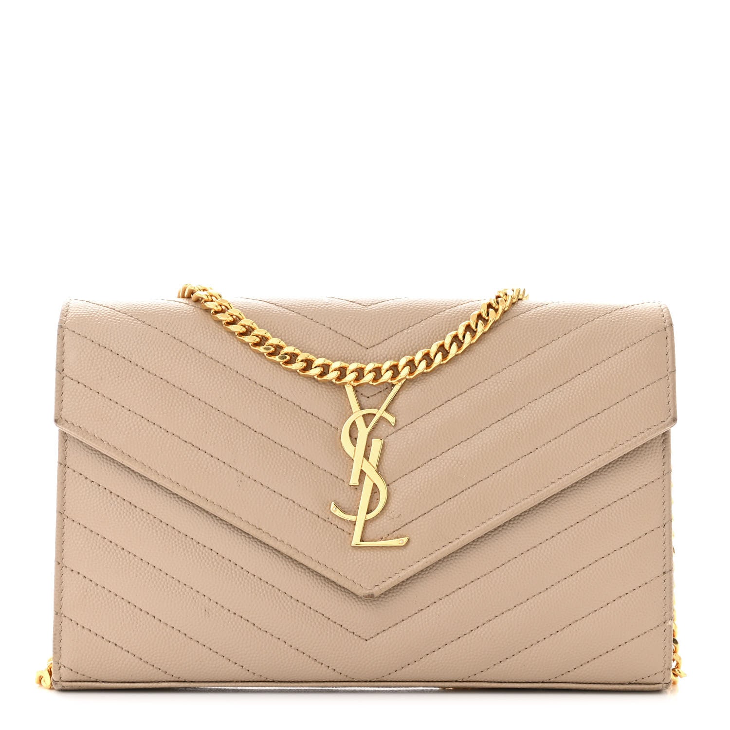 Saint Laurent Grain De Poudre Matelasse Chevron Monogram Chain Wallet Dark Beige 1 of 17
