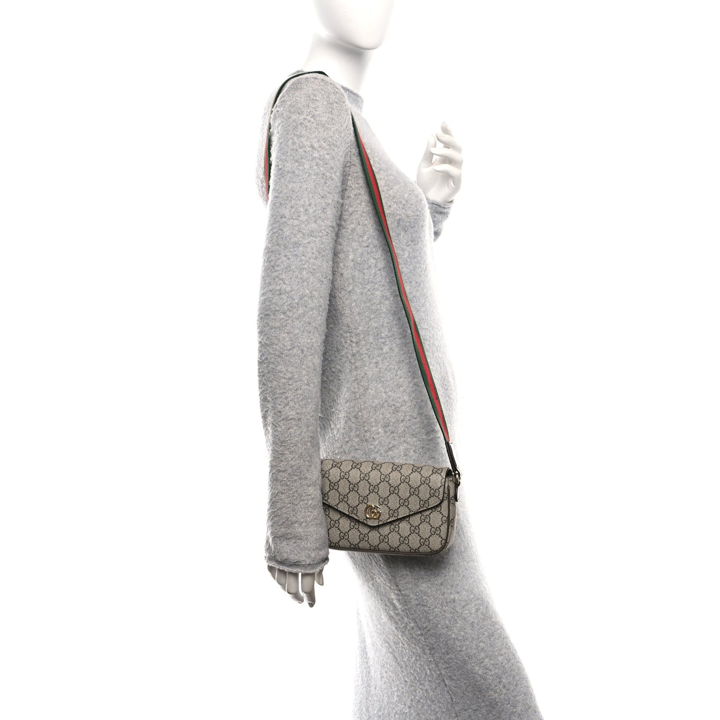 GG Supreme Monogram Textured Dollar Calfskin Web Mini Ophidia Envelope Shoulder Bag Beige Ebony New Acero