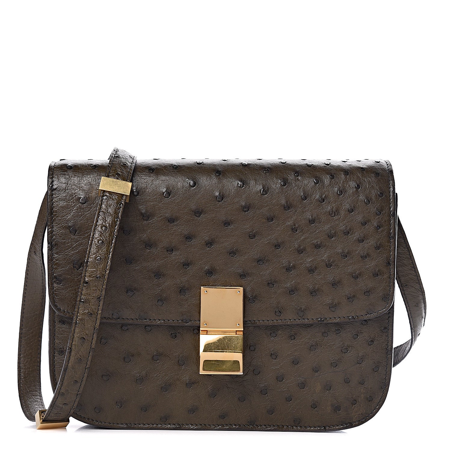 Celine Ostrich Medium Classic Box Flap Bag Khaki 1 of 15