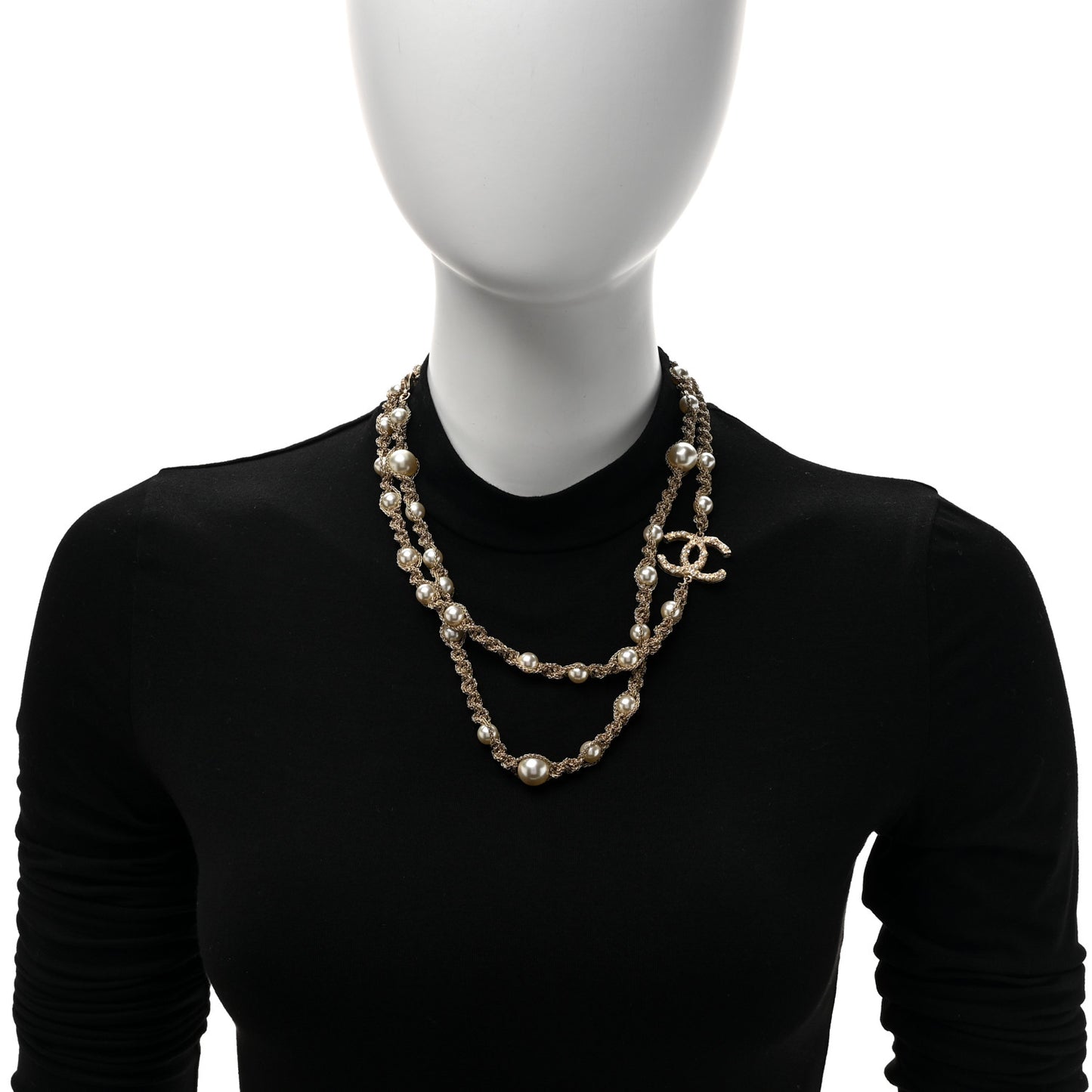 Pearl Multi Chain Braided Crystal CC Long Necklace  Gold