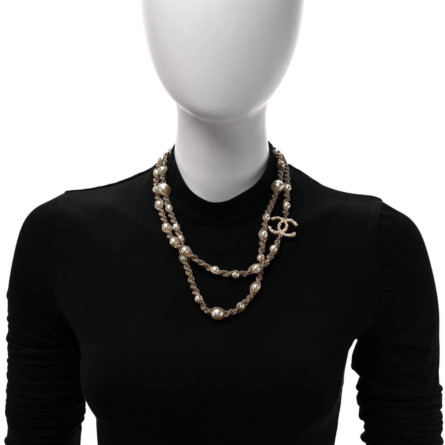 Chanel Pearl Multi Chain Braided Crystal CC Long Necklace  Gold 2 of 6