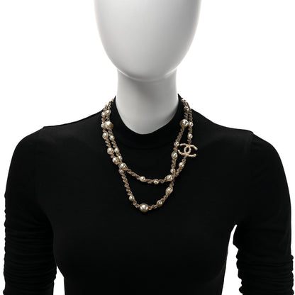 Chanel Pearl Multi Chain Braided Crystal CC Long Necklace  Gold 2 of 6