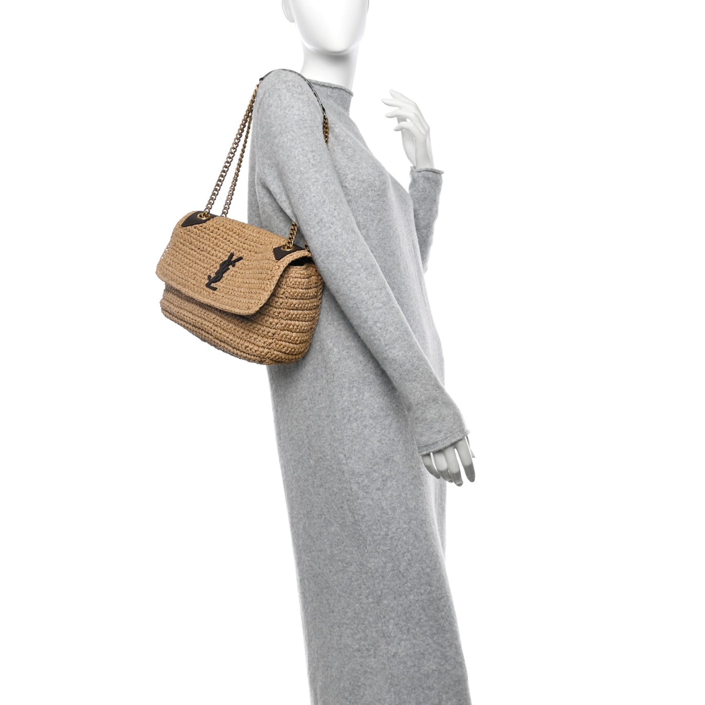 Raffia Calfskin Monogram Medium Niki Chain Satchel Natural