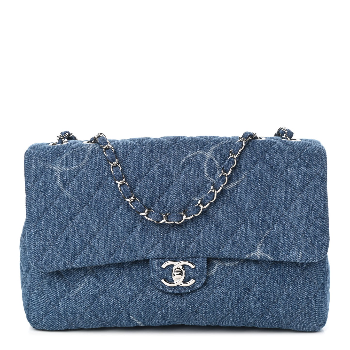 Denim Quilted CC Print Jumbo Single Flap Blue