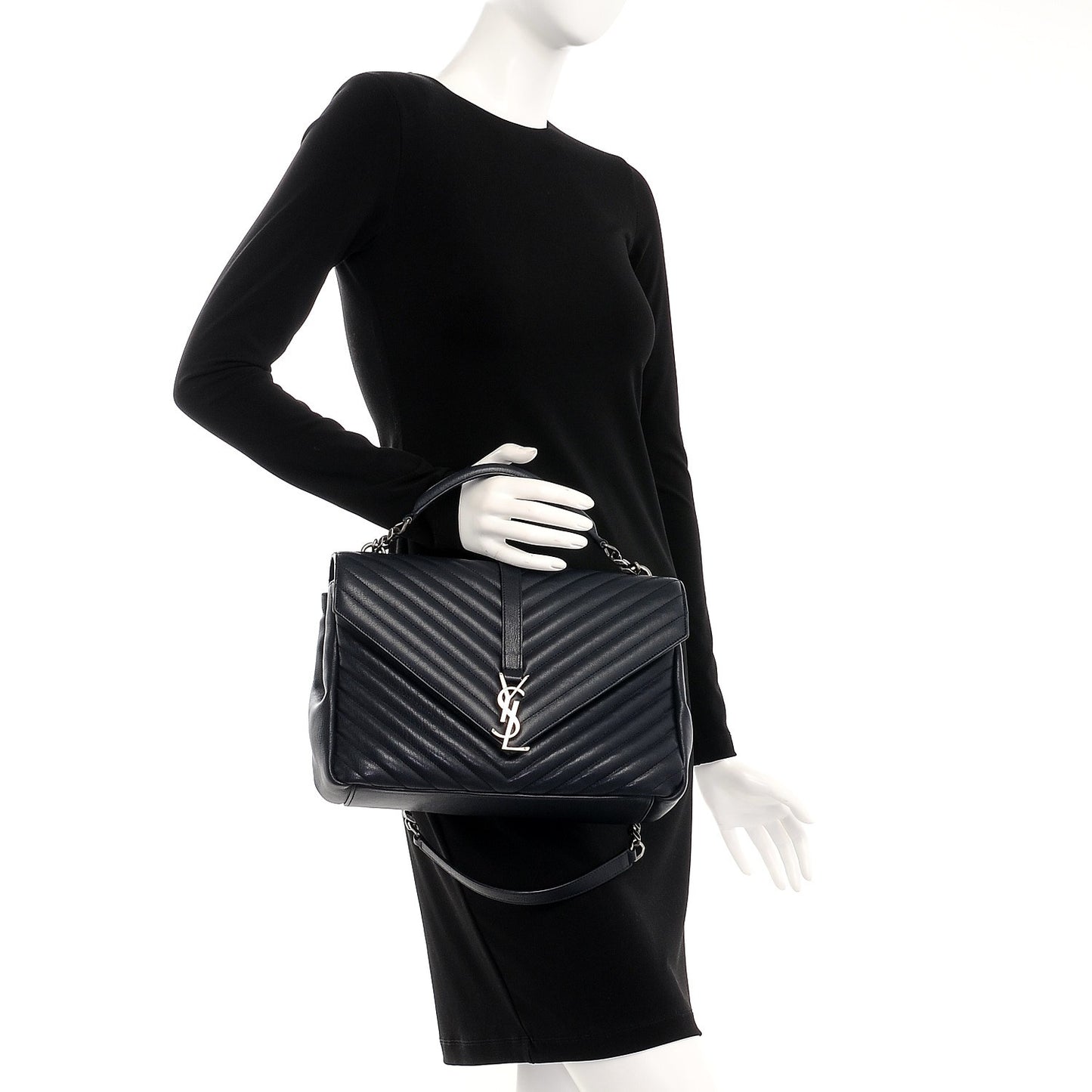 Sheepskin Matelasse Chevron Monogram Large College Satchel Navy Blue