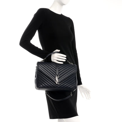 Saint Laurent Sheepskin Matelasse Chevron Monogram Large College Satchel Navy Blue 3 of 8
