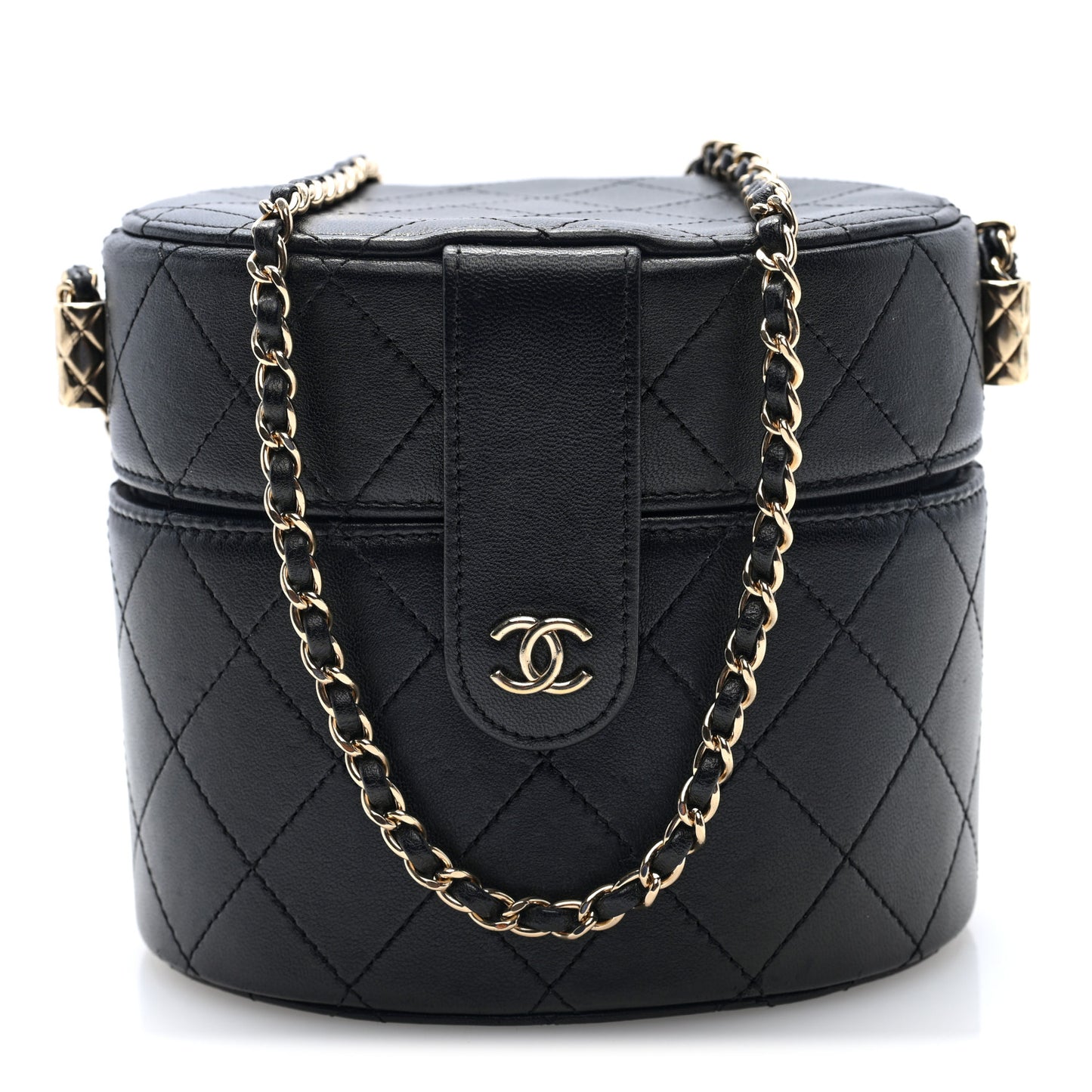 Lambskin Quilted Round Vanity Case With Chain Black