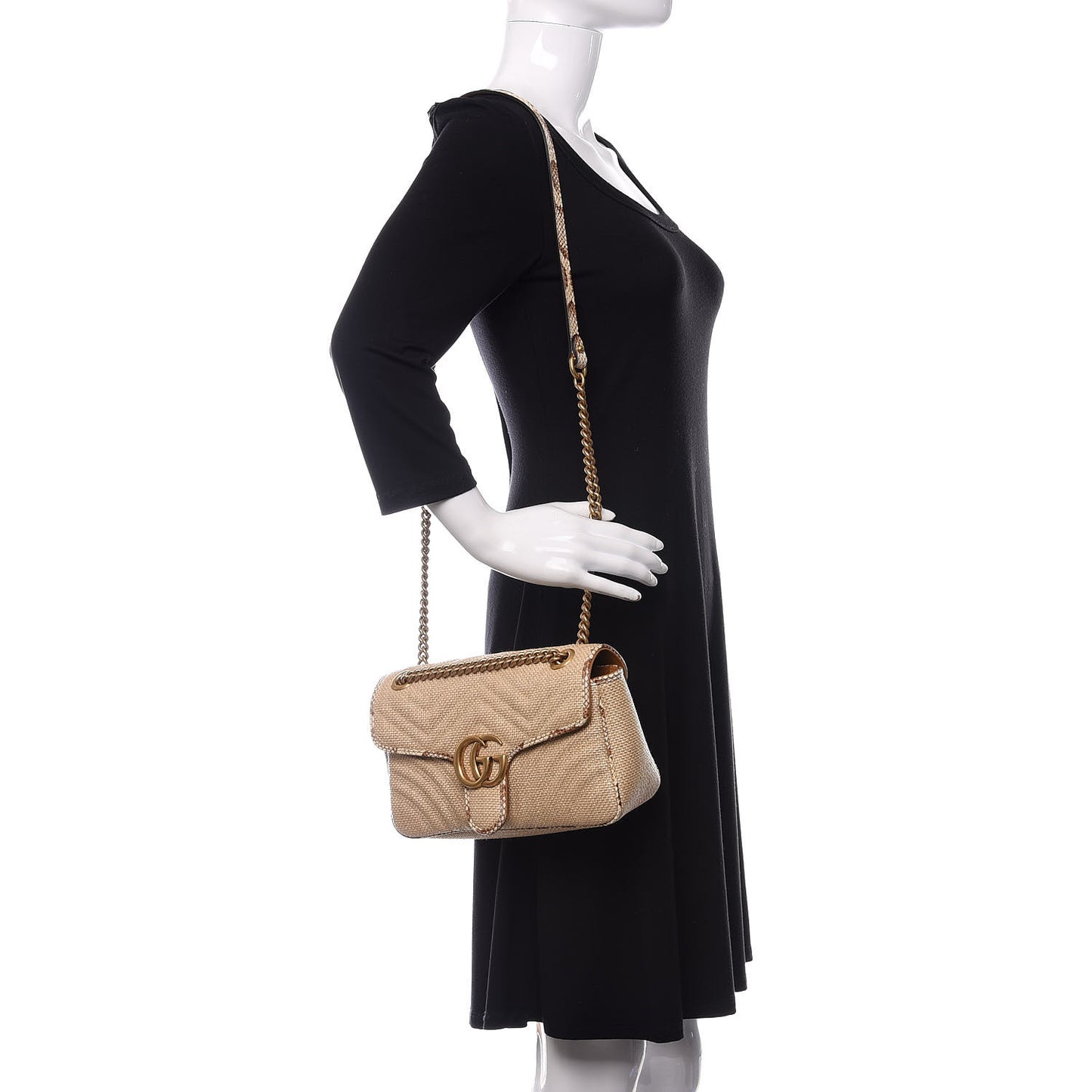 Raffia Elaphe Matelasse Small GG Marmont Shoulder Bag Natural Cream Brown
