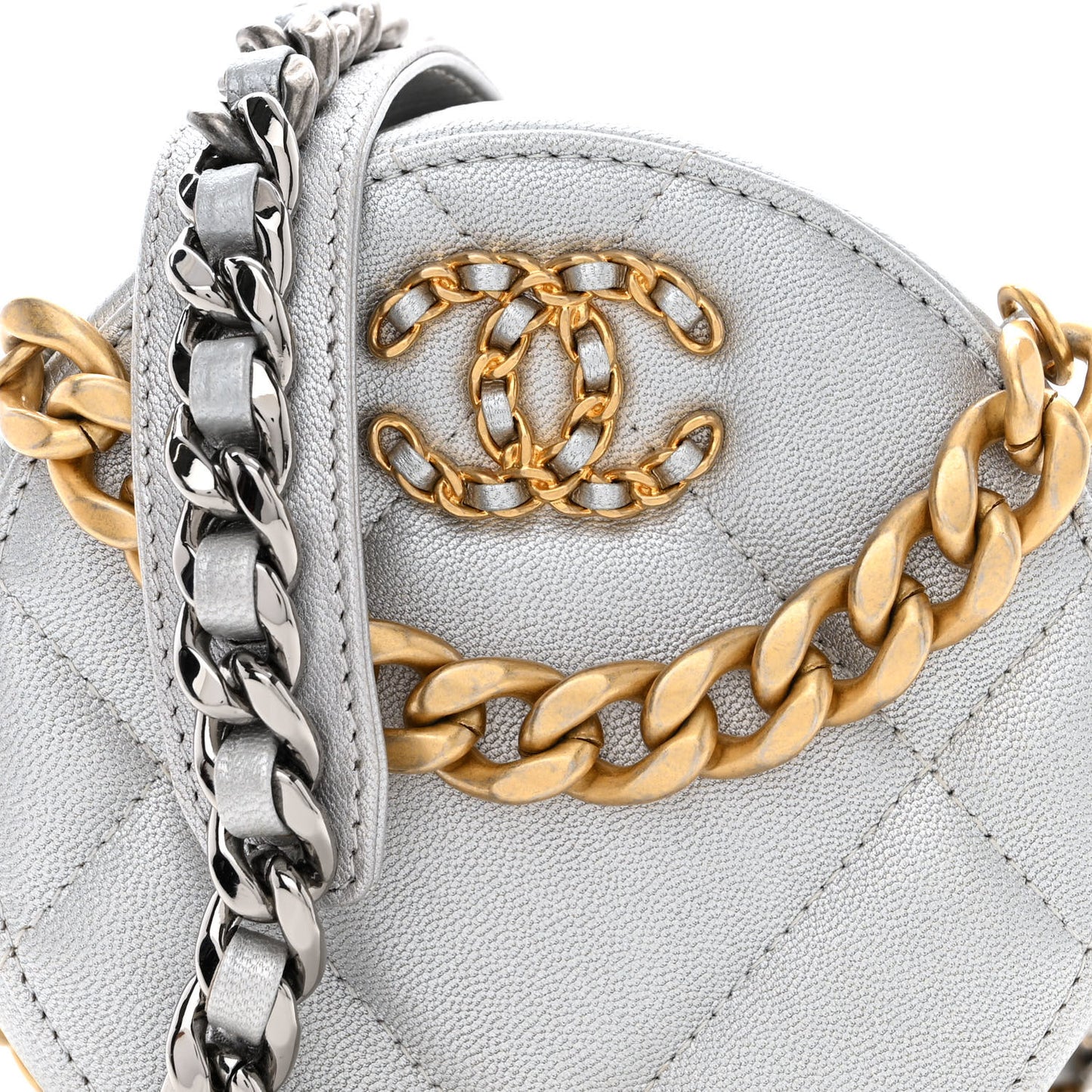 Metallic Lambskin Quilted Chanel 19 Round Clutch With Chain Silver