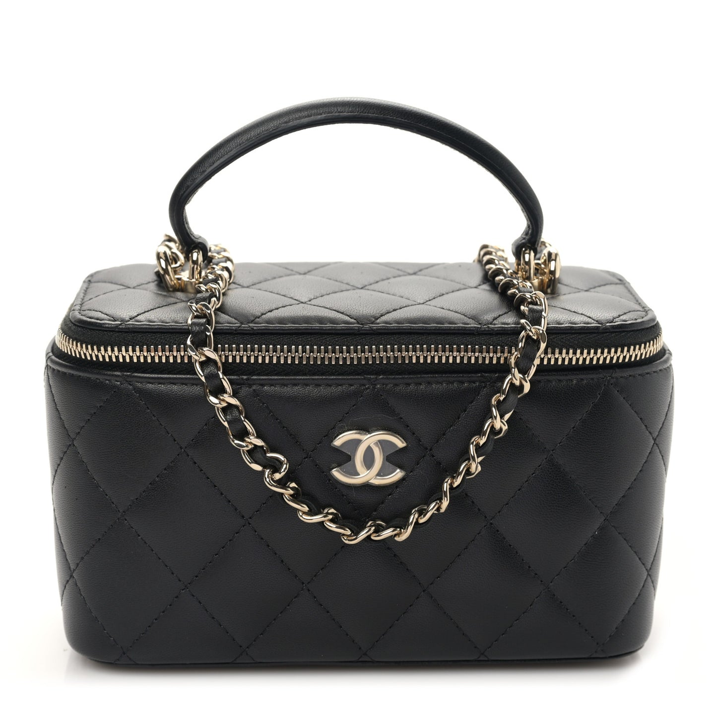 Lambskin Quilted Small Top Handle Vanity Case With Chain Black