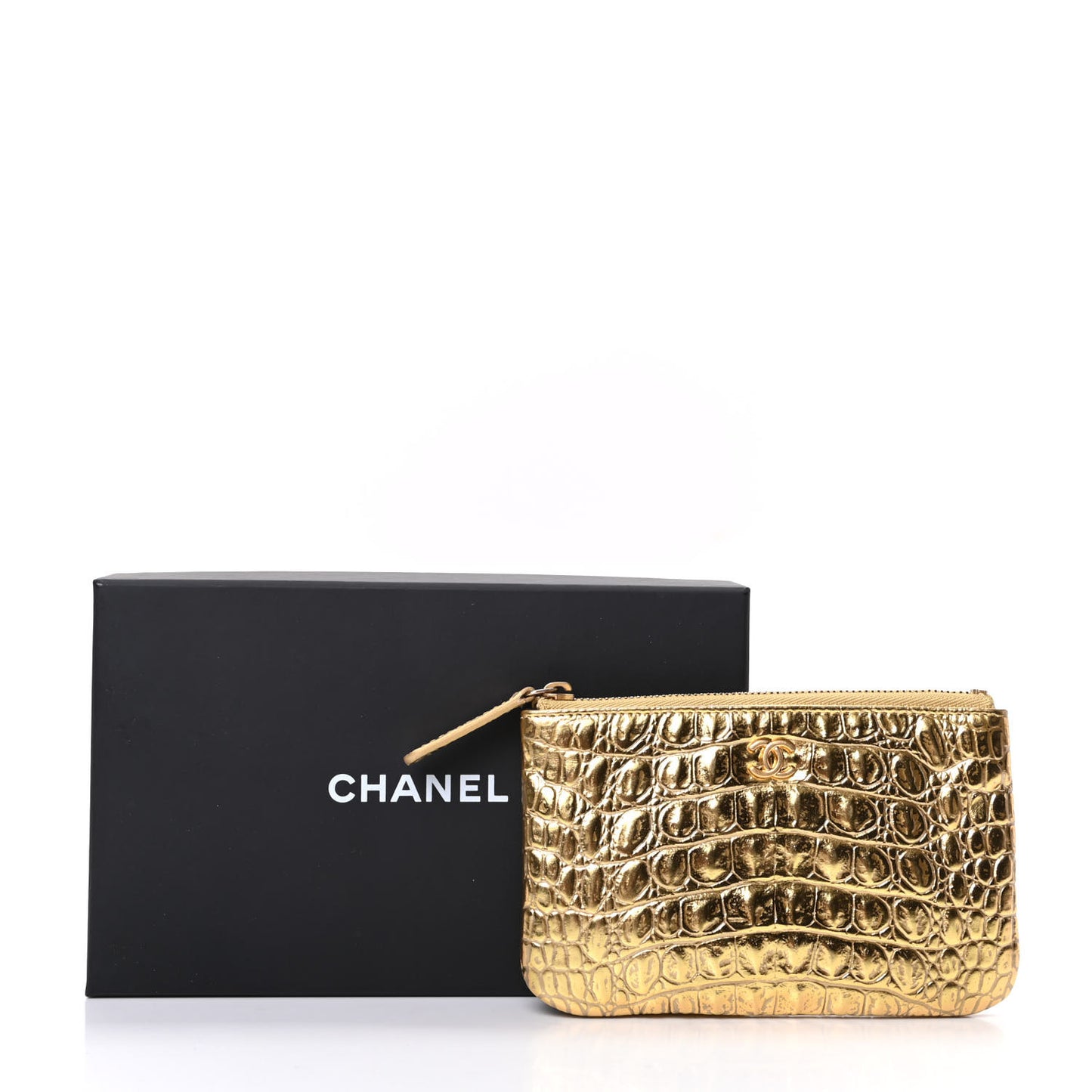 Metallic Calfskin Crocodile Embossed Cocodile Cosmetic Case Gold