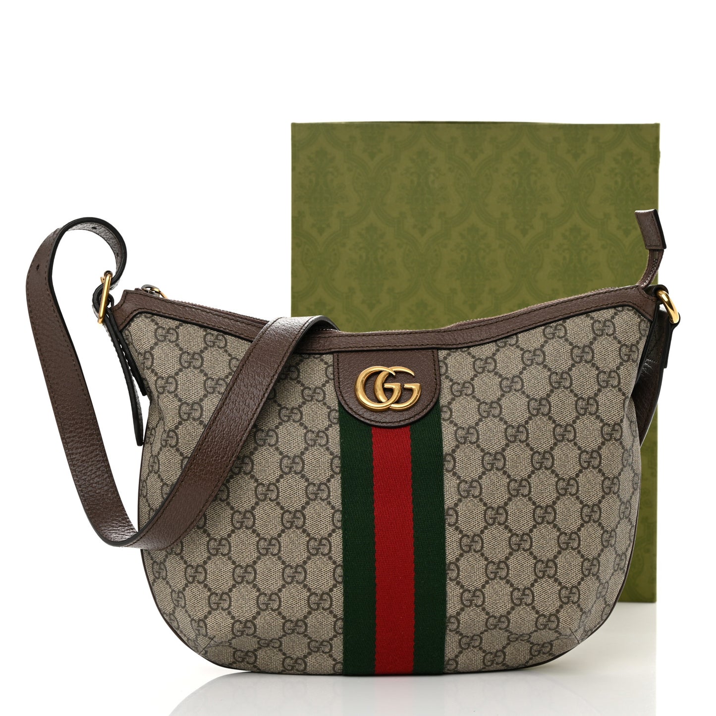 GG Supreme Monogram Textured Dollar Calfskin Web Small Ophidia Half Moon Hobo Beige Ebony New Acero