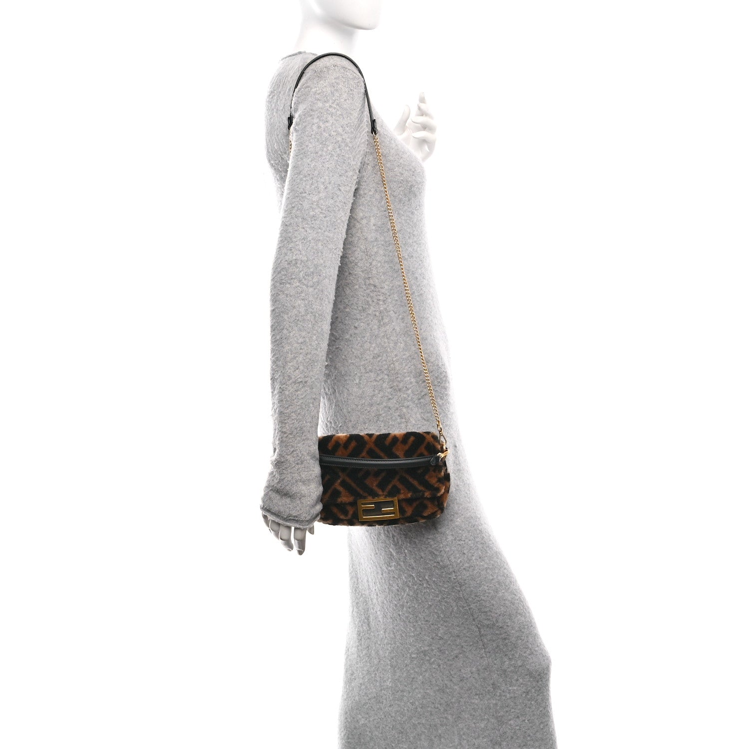 Fendi Shearling Vitello Dolce Macro FF 1974 Mini Baguette Tobacco Black 2 of 10