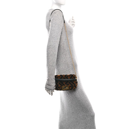 Fendi Shearling Vitello Dolce Macro FF 1974 Mini Baguette Tobacco Black 2 of 10