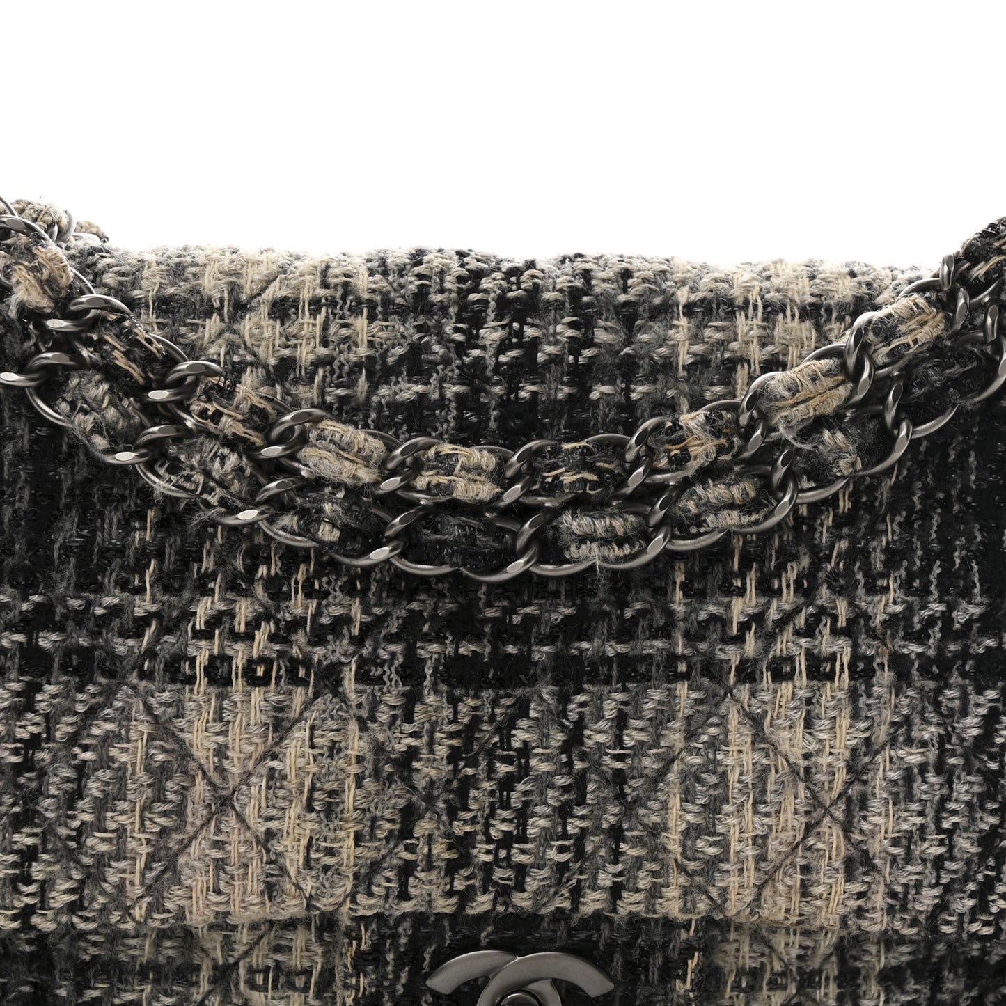 Tweed Quilted Medium Double Flap Beige White Black