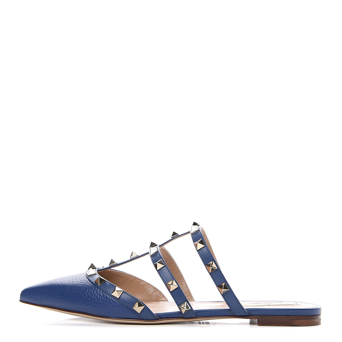 Pebbled Calfskin Rockstud Flat Cage Mules 38 Light Ocean