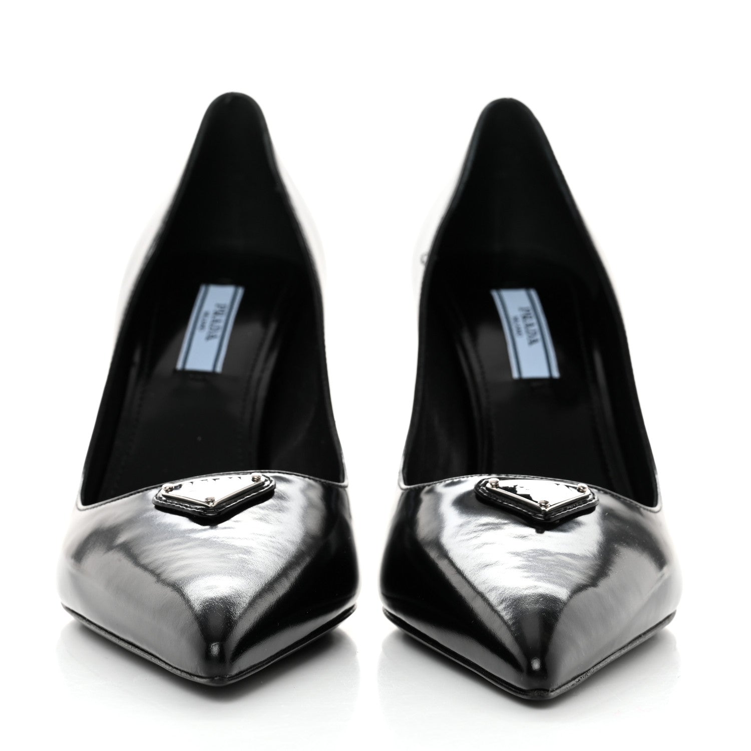 Prada Spazzolato Metal Triangle Logo Pointed Toe Pumps 37 Black 2 of 7