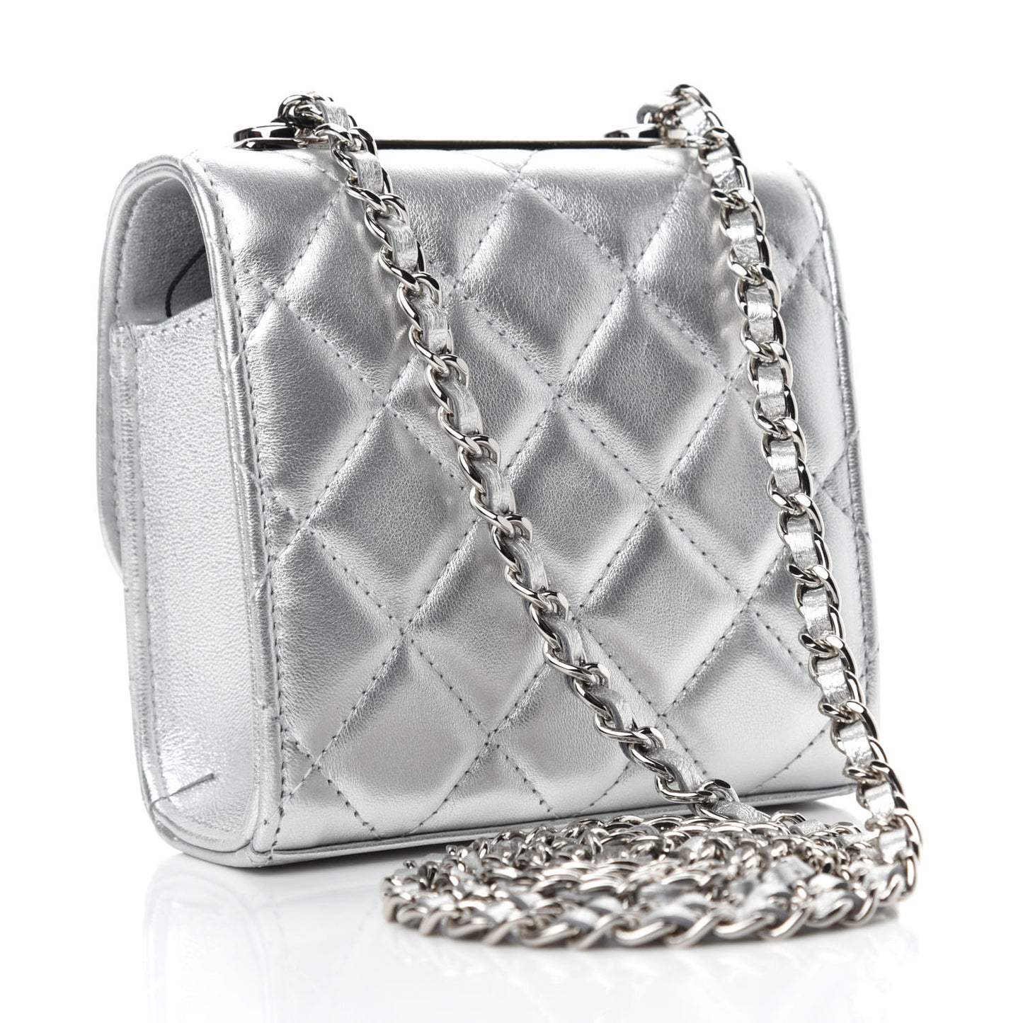 Metallic Lambskin Quilted Mini Trendy CC Chain Wallet Silver