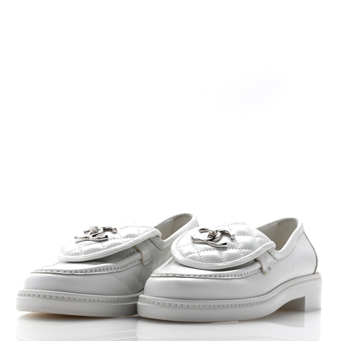 Shiny Lambskin Quilted CC Turnlock Loafers 35.5 White
