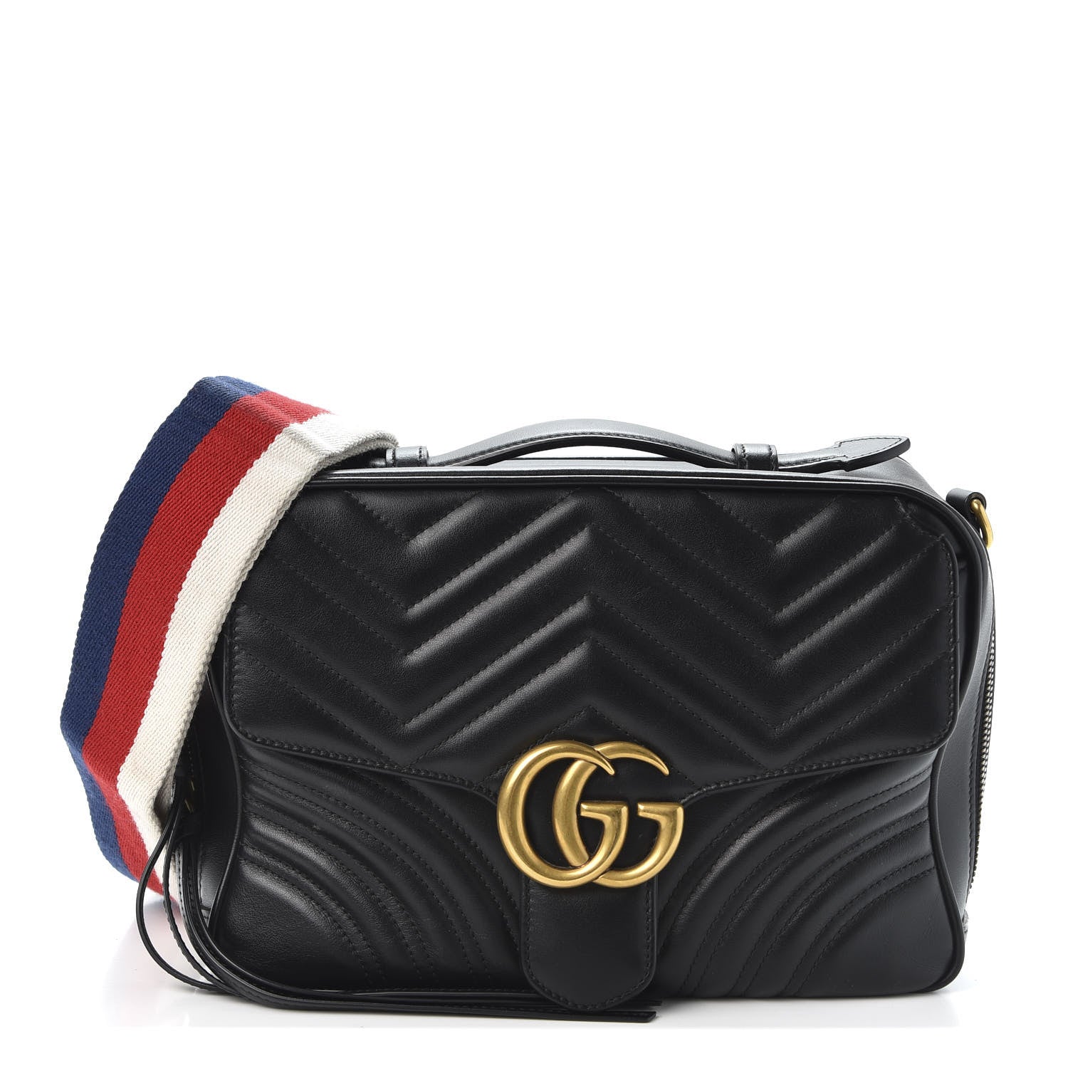 Gucci Calfskin Matelasse Sylvie Web Small GG Marmont Top Handle Shoulder Bag Black 1 of 9