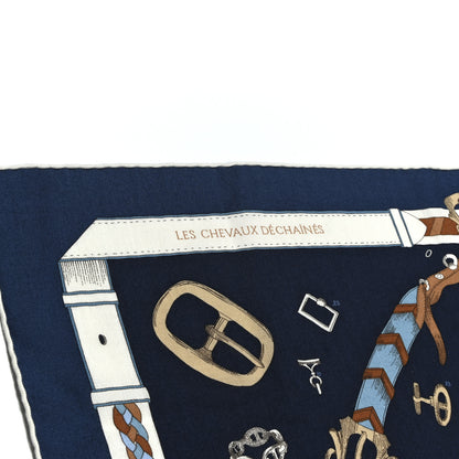 Hermes Cashmere Silk Chevaux Dechaines Shawl 140 Marine Fonce White Noisette 3 of 4
