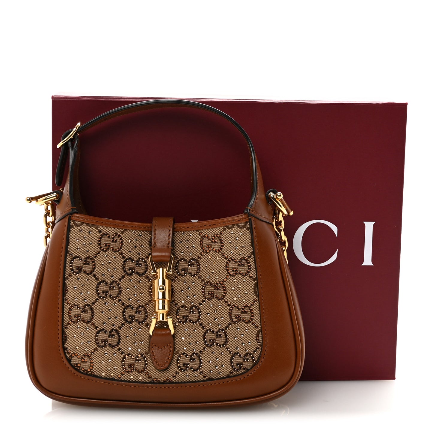 New Canvas Charisma Calfskin Crystal GG Monogram Mini Jackie 1961 Hobo Camel Ebony