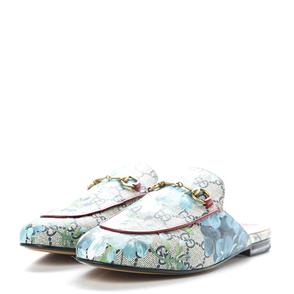 Gucci GG Supreme Monogram Blooms Womens Princetown Slippers 37.5 Beige Blue Navy Hibiscus Red 3 of 9