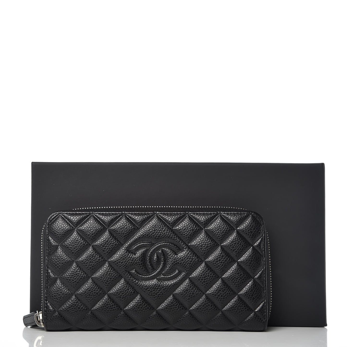 Caviar Quilted Diamond CC Gusset Zip Around Wallet Black