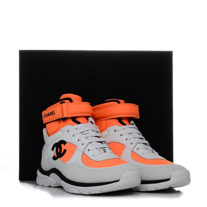 Chanel Suede Calfskin Lambskin Neoprene High Top CC Sneakers 36 White Fluo Orange 9 of 9