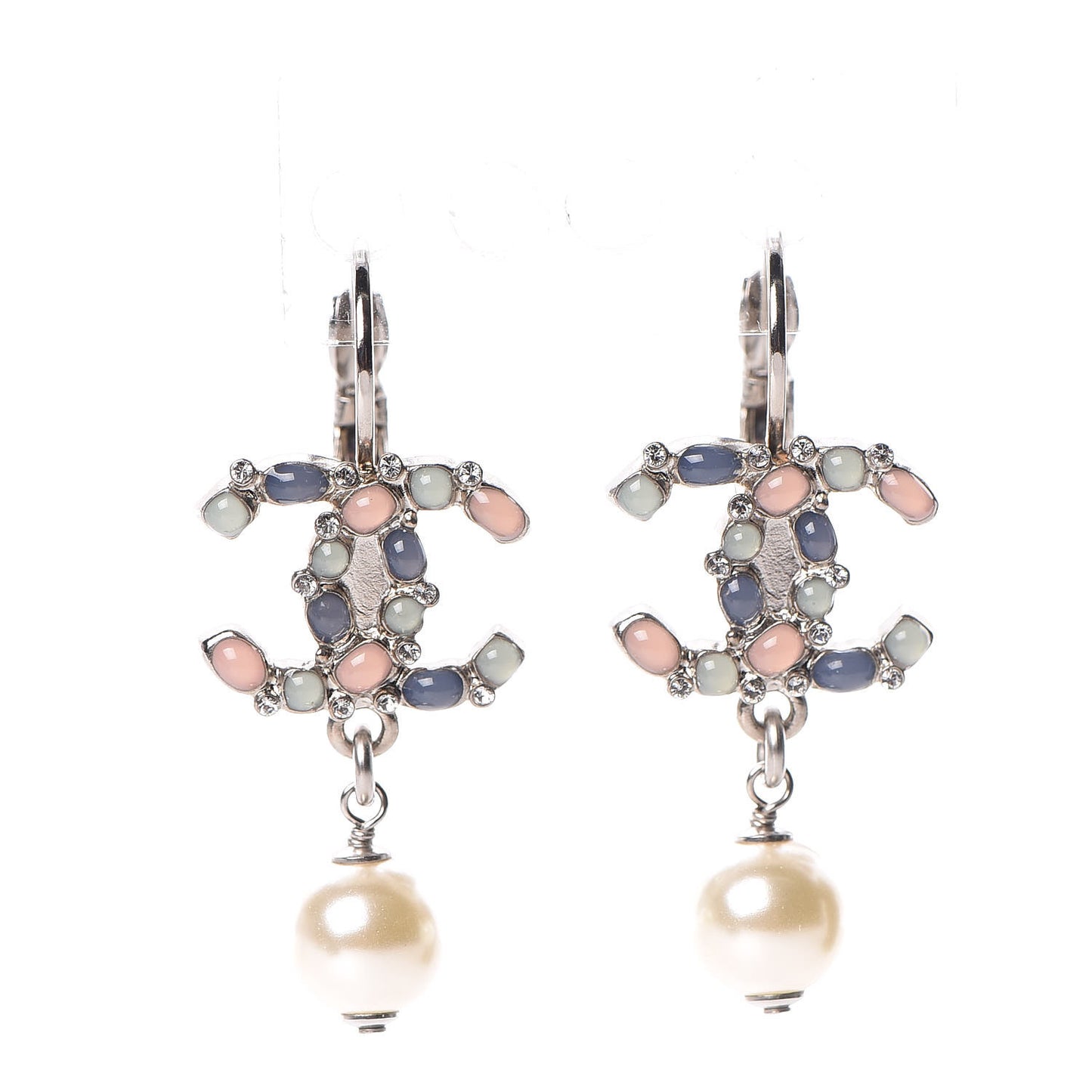 Crystal Beaded Pearl CC Drop Earrings Silver Multicolor