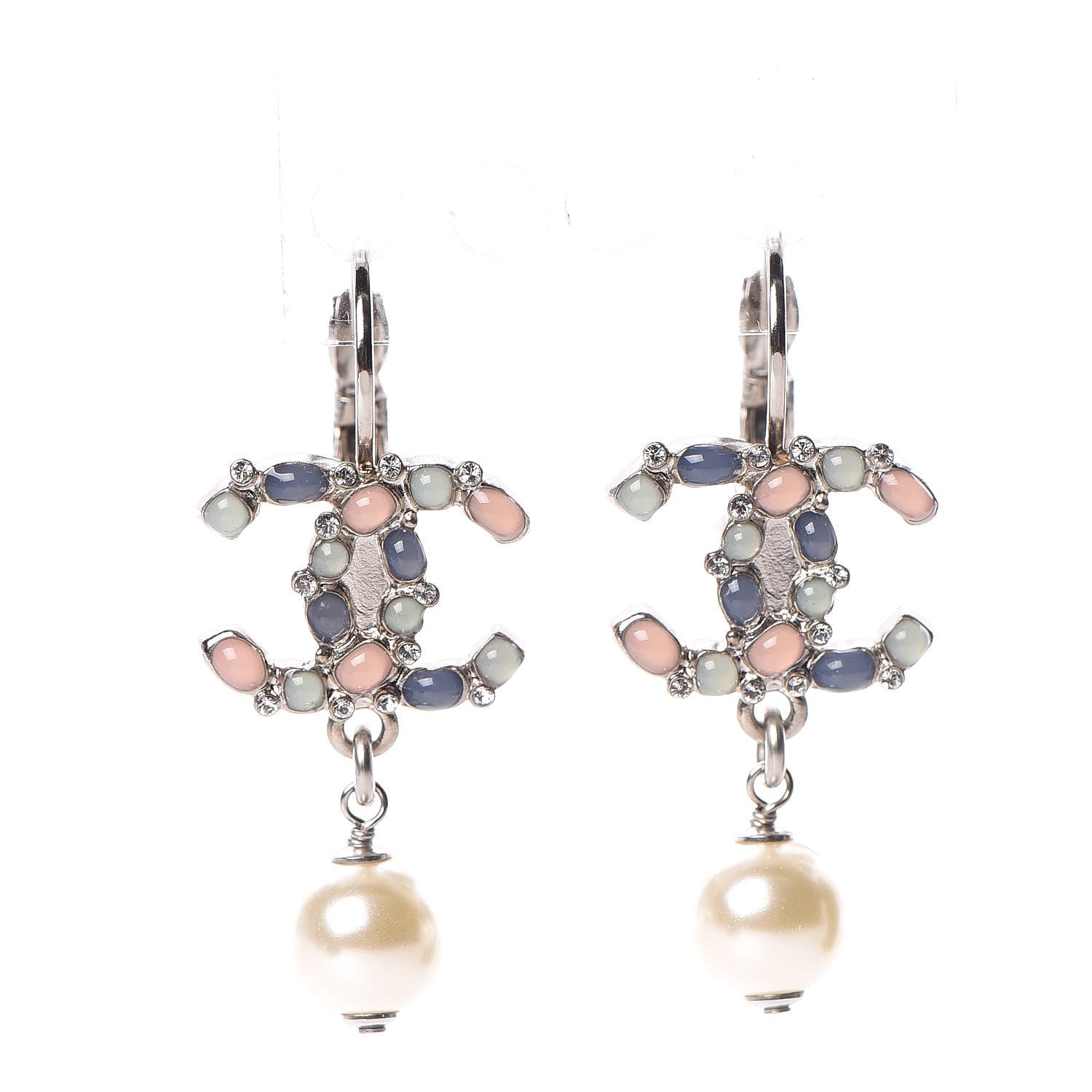 Chanel Crystal Beaded Pearl CC Drop Earrings Silver Multicolor 1 of 5