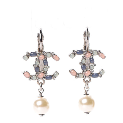 Chanel Crystal Beaded Pearl CC Drop Earrings Silver Multicolor 1 of 5