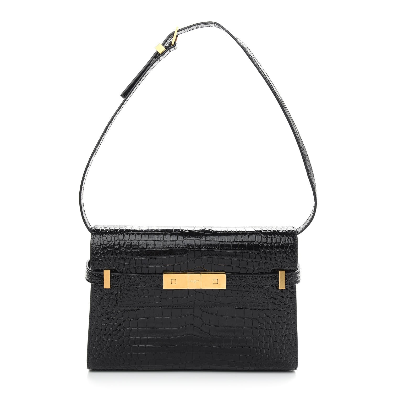 Saint Laurent Shiny Calfskin Crocodile Embossed Small Manhattan Baguette Black 1 of 7
